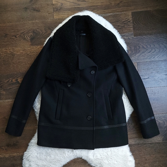 All Saints Okito Minimilist Wool Shearling Collar Pea Lamb Leather Coat - Picture 3 of 11